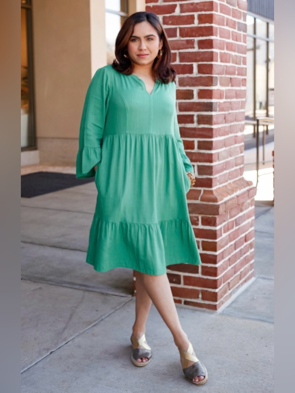 J. Jill Green Jardin Tiered Linen Blend Dress